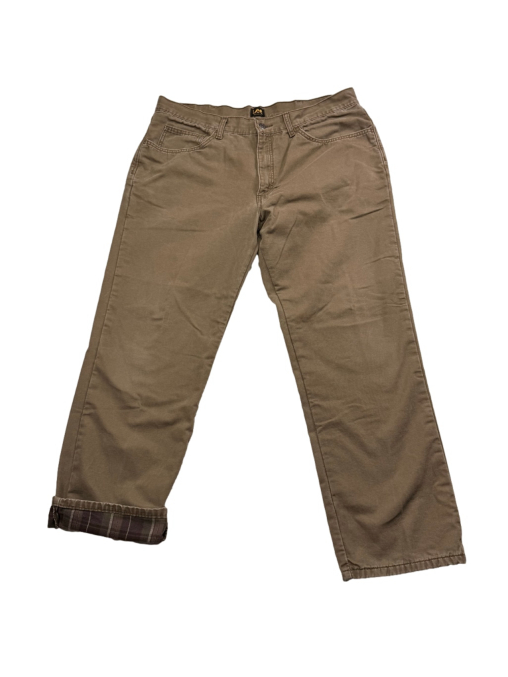 Men's Lee Relaxed Fit Flannel Lined Pants Chinos Brown 40x32 Casual Outdoor Wear